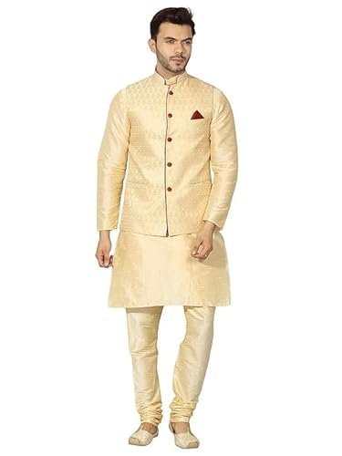 Modern Garments Men's Golden Kurta Matching Chudidar Pyjama with Golden Waistcoat