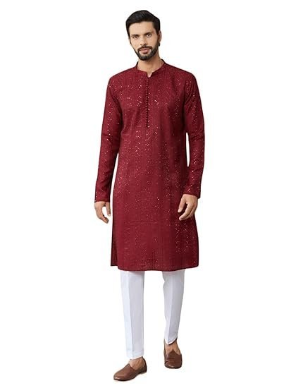 Men's Long Sleeve Mandarin Collar Side Slit Embroidered Thread Work Sequinned Chanderi Silk Straight Kurta