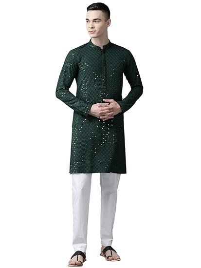 Men Mandarin Collar Black Floral Embroidered Sequined Rayon Full Sleeve Kurta With pyjama