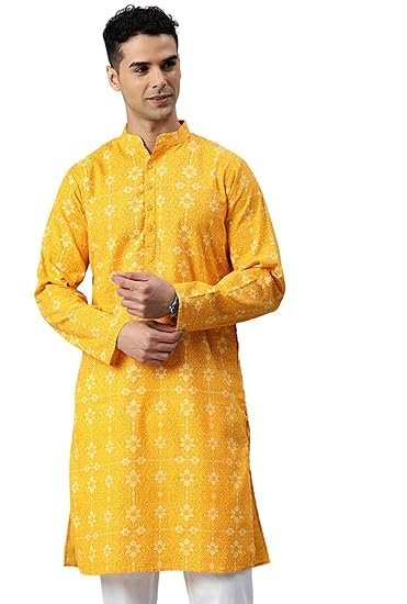 Majestic Man Men Cotton Mandarin Collar Ethnic Motifs Printed Long Regular Kurta