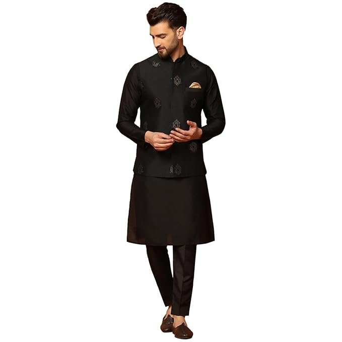 KISAH Men's Kurta Jacket Trousers Set Cotton Blend, Embroidered, Straight, Regular Fit, Mandarin Collar Ethnic Wear, Black