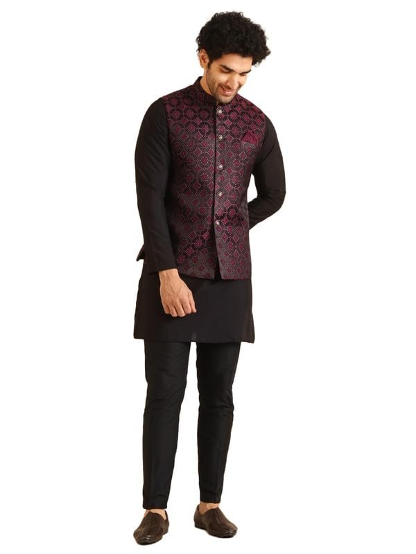 KISAH Men's Kurta Jacket Trouser Set, Burgundy Jacquard, Woven Design Regular Fit Mandarin Collar Long Sleeves