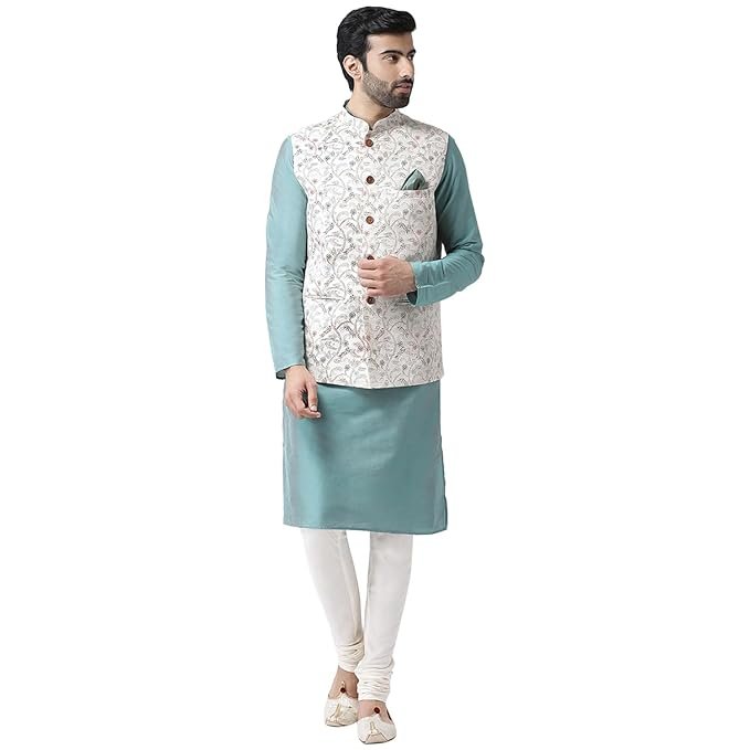 KISAH Men Green White Printed Kurta with Churidar, Full Sleaves, Knee Length, Straight, Regular Fit, Mandarin Collar Ethnic Wear