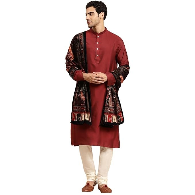 KISAH Men Maroon Kurta Set, Full Sleaves, Knee Length, Mandarin Collar Ethnic wear