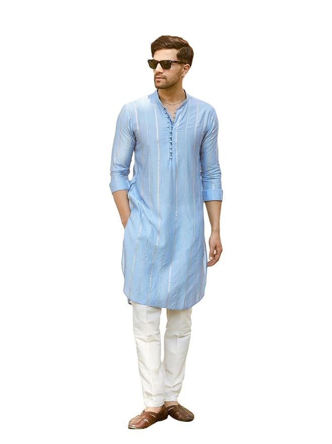 See Designs Men Full Sleeve Turquoise Blue Chanderi Silk Sequins Cotton Mandarin Collar Side Slit Kurta