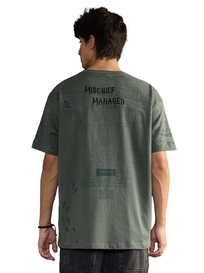 The Souled Store Harry Potter: Mischief Managed Men and Boys Short Sleeves Round Neck Grey Graphic Printed Vintage Wash Streetwear Drop Shoulder Oversized T-Shirt