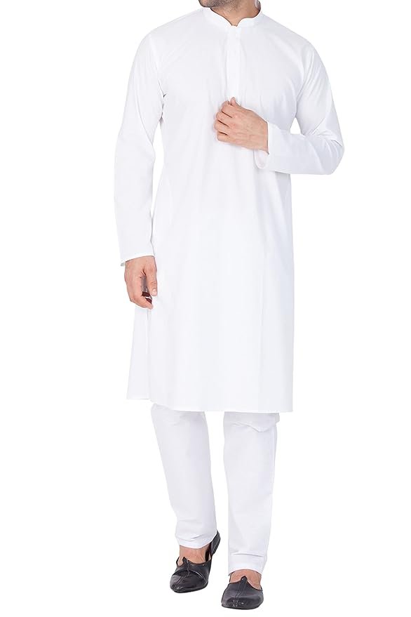 VASTRAMAY Men's White Cotton Blend Kurta Pyjama Set, Elegant Ethnic Wear for Republic Day, Festive Celebrations, Weddings, and Everyday Comfort
