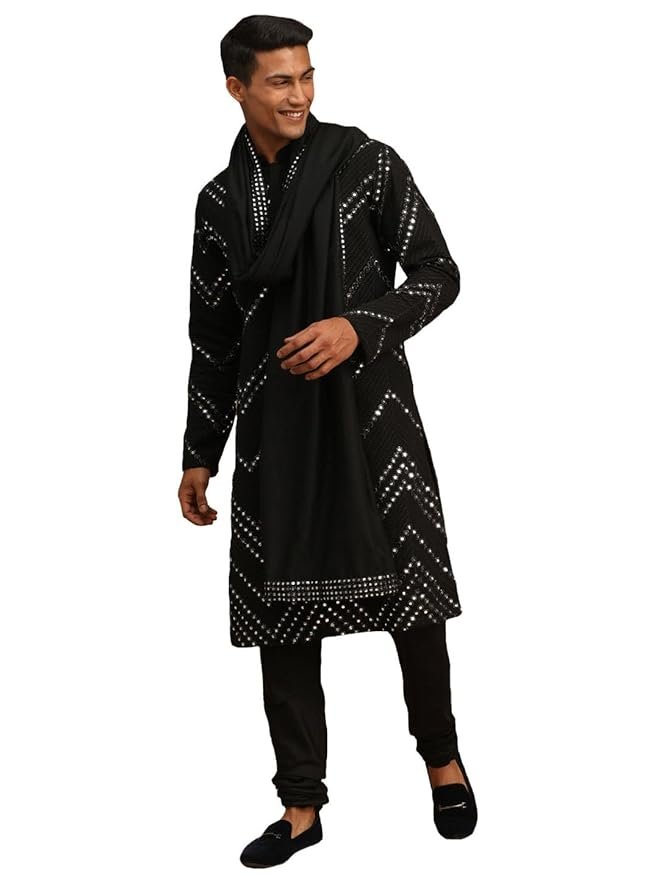 VASTRAMAY Men's Black Georgette Kurta and Pyjama Set | Mirror work Black Georgette Kurta With Pyjama and Dupatta