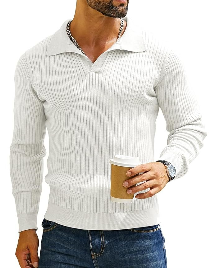 DENIMHOLIC Men's Cotton Full Sleeve Collar Polo Sweater for Men, Rib Knitted Sweaters for Men Winter Sweater for Man