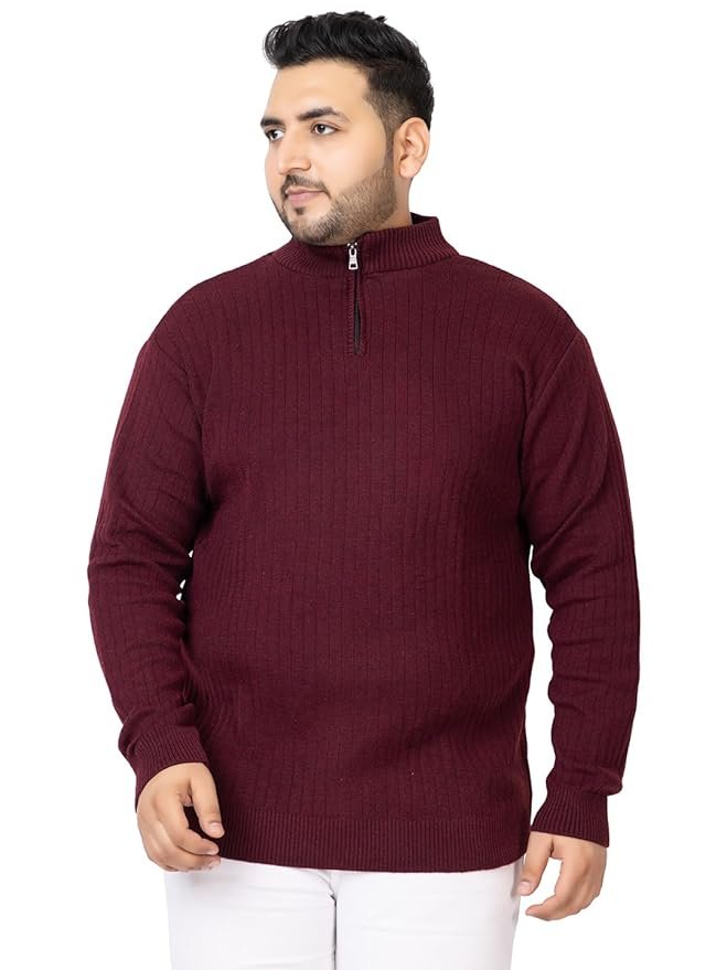 Kvetoo Plus Size Men High Neck Zipper Full Sleeve Woolen Winter Sweater