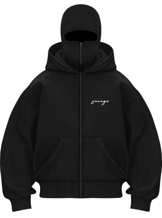 BE SAVAGE Balaclava Zipper Hoodie for Men Heavyweight Ninja Hoodies for Men