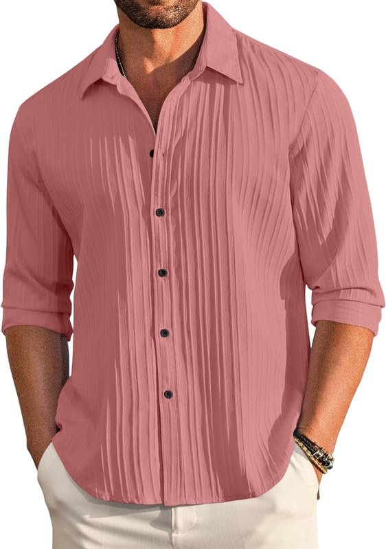 FINIVO FASHION Men's Casual Cotton Plain Button Down Shirt Long Sleeve Textured Summer Beach Shirt for Men