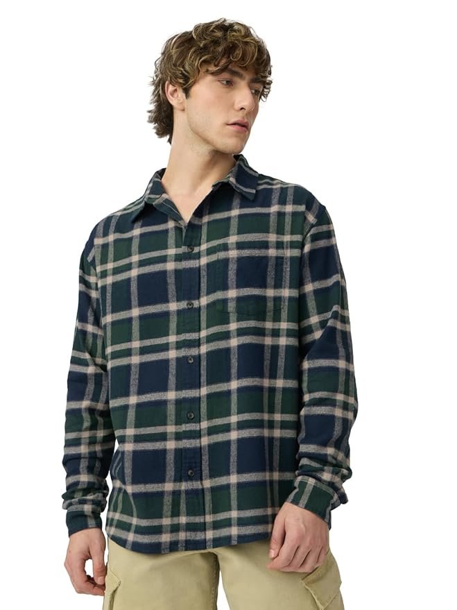 The Souled Store Plaid Shirt: Emerald Men and Boys Long Sleeves Collared Neck Button Front Cotton Relaxed Shirts