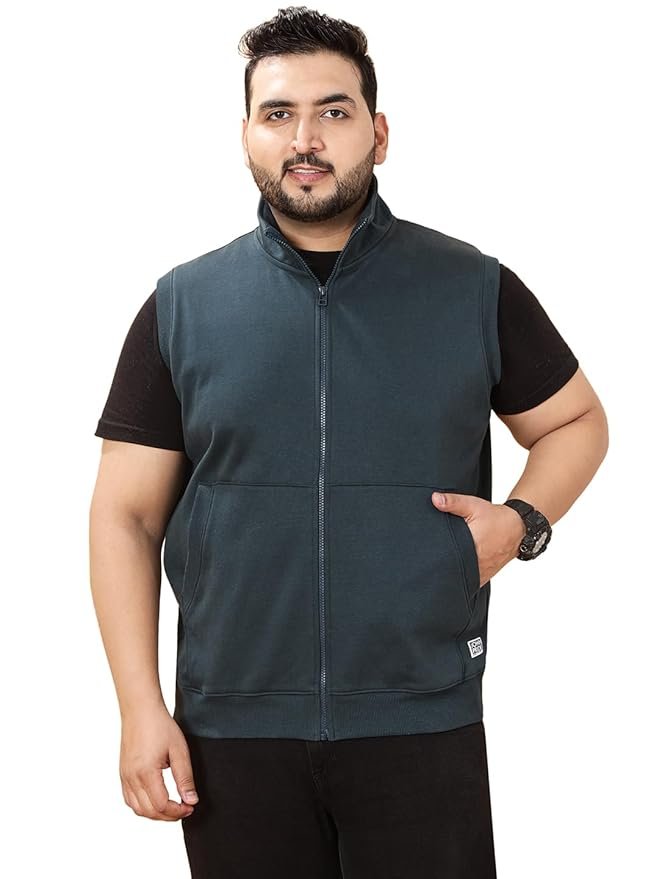 JOHN PRIDE Plus Size Men Regular Fit Sleeveless Mock Collar Solid Fleece Teal Front-Open Sweatshirt(JPSWT75235_Teal)