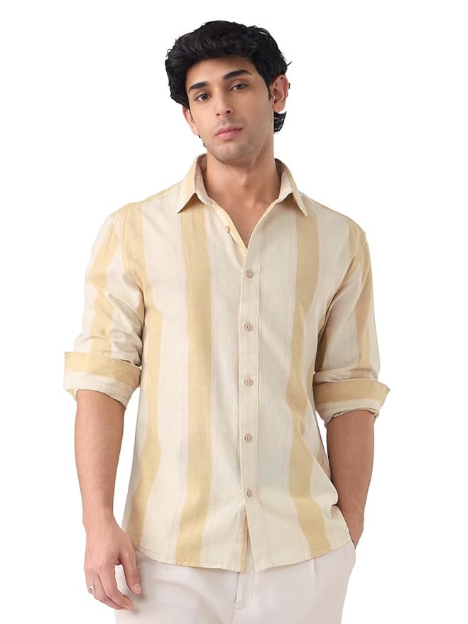 The Souled Store Cotton Linen Stripes: Sunset Men and Boys Long Sleeve Spread Collar Button Front Beige Striped Regular Fit Cotton Linen Shirts