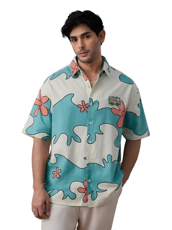 The Souled Store Scooby Doo: Mystery Machine Men and Boys Short Sleeve Spread Collar Off-White and Blue All Over Printed Drop Shoulder Streetwear Casual Cotton Oversized Shirts