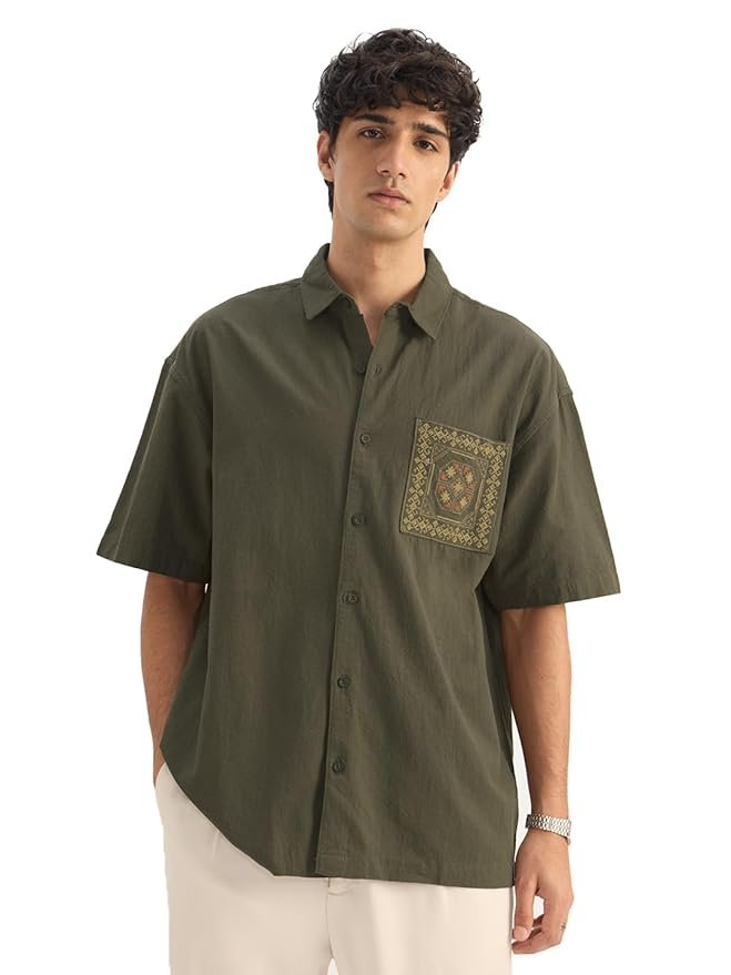 The Souled Store Textured Shirt: Indie Olive Men and Boys Short Sleeve Spread Collar Button Front Dark Green Embroidered Cotton Regular Fit Holiday Shirts