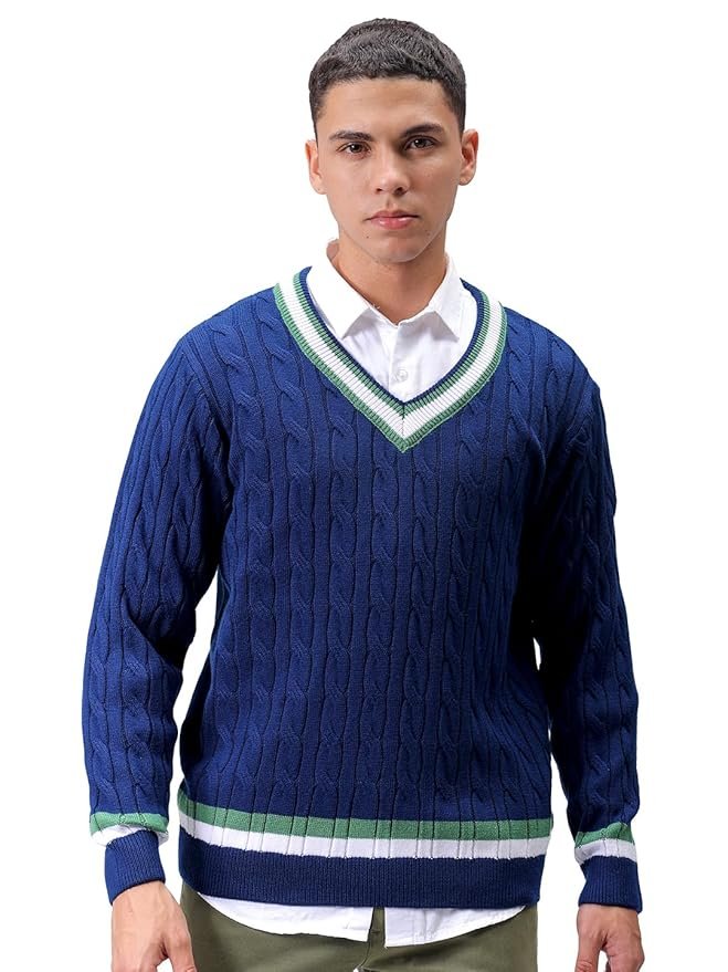 The Indian Garage Co Men Acrylic Relaxed Fit Textured V-Neck Sweater