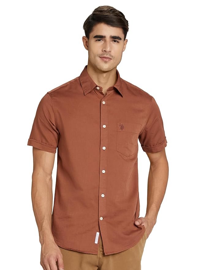 U.S. POLO ASSN. Men's Solid Cotton Linen Spread Collar Half Sleeve Shirts