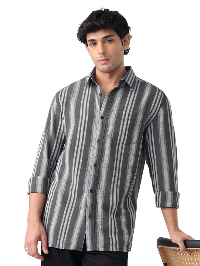 The Souled Store Cotton Linen Stripes: Horizon Men and Boys Long Sleeve Spread Collar Button Front Grey Striped Regular Fit Cotton Linen Shirts