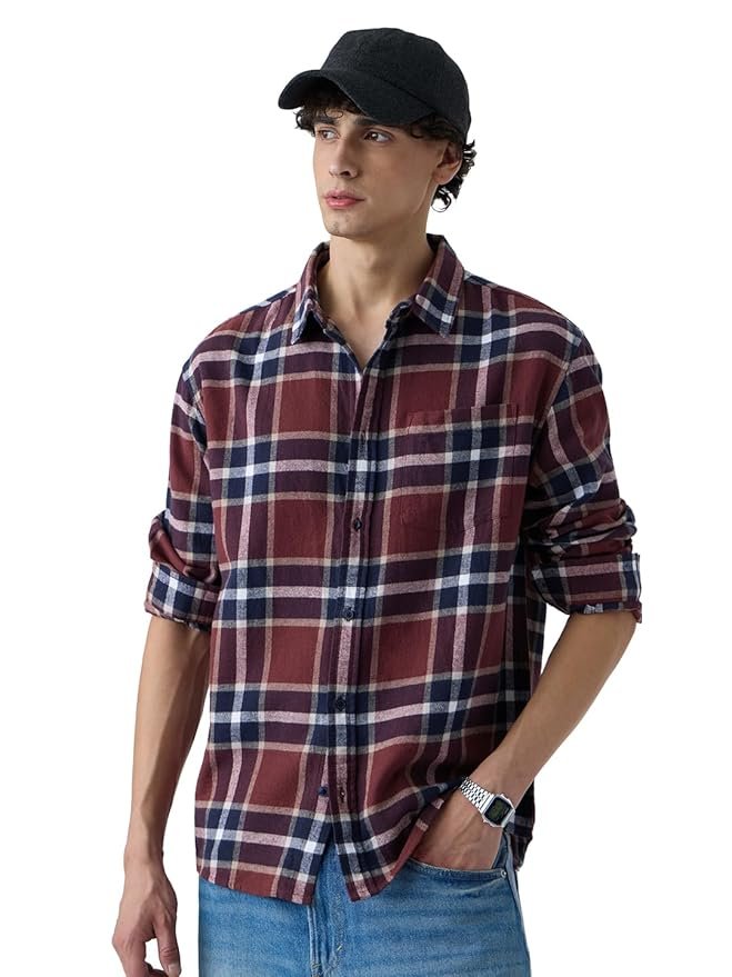 The Souled Store Plaid Shirt: Copper Men and Boys Long Sleeves Collared Neck Button Front Cotton Relaxed Fit Shirts
