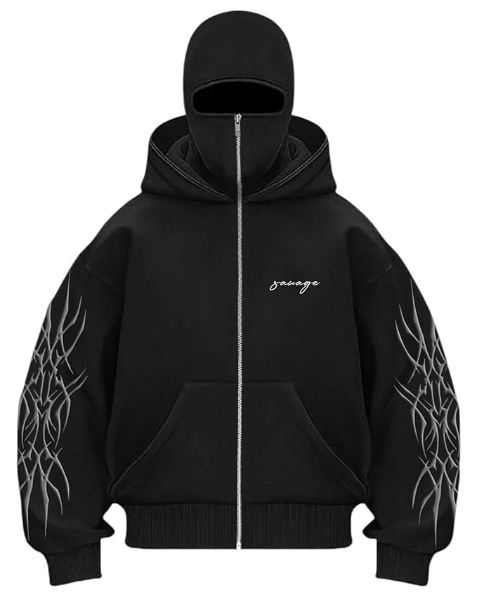 BE SAVAGE Ninja Balaclava Zipper Hoodie Zipper Jacket for Men Winterwear Jackets for Men