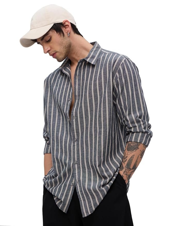 The Souled Store Cotton Linen Stripes: Azure Men and Boys Long Sleeves Collared Neck Button Front Regular Fit Cotton Linen Shirts