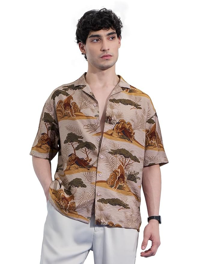 The Souled Store The Lion King: Kingdom Men and Boys Short Sleeves Collared Neck Button Front Brown All Over Printed Viscose Blend Regular Fit Holiday Shirts