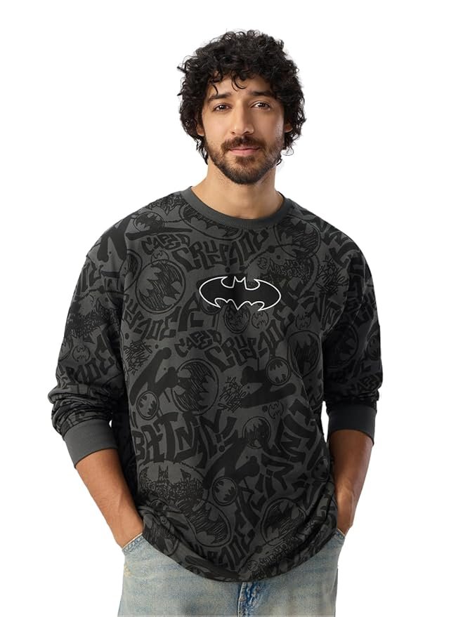 The Souled Store Batman: Vengeance Men and Boys Round Neck Grey All Over Printed Cotton Oversized Full Sleeve T-Shirts