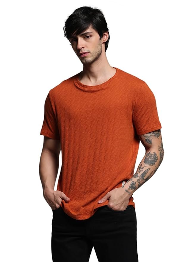 JACK & JONES Men Cotton Regular Self Design Round Neck T-Shirt