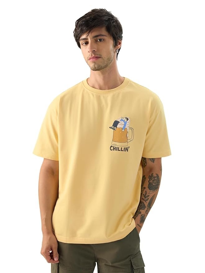 The Souled Store Chillin' Men and Boys Short Sleeve Round Neck Yellow Graphic Printed Cotton Oversized T-Shirts