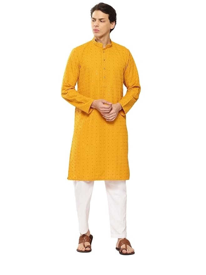 See Designs Men's Long Sleeve Mandarin Collar Lime Embroidered Sequined Rayon Kurta With Pyjama