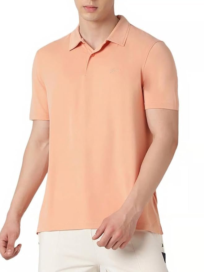 GUESS Men Peach Solid Polo Collar Polo T-Shirt