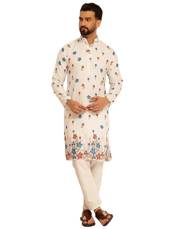SOJANYA (Since 1958 Men's Cotton Kurta Pyjama with Daman Print & Krochet Embroidery
