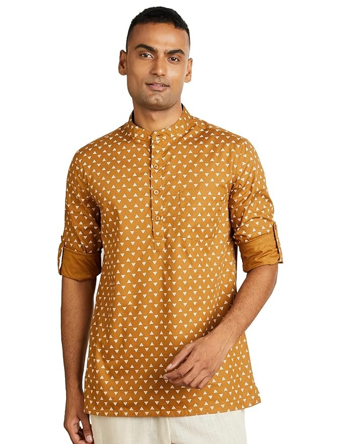 Amazon Brand - Symbol Men Cotton Printed Short Kurta (Regular Fit)