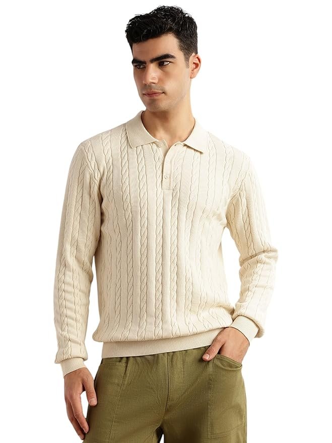 Thomas Scott Men's | Regular Fit | Long Sleeves | Self Design | 100% Cotton | Button Closure | Dry Clean | Polo Collar | Knitted | T-Shirt