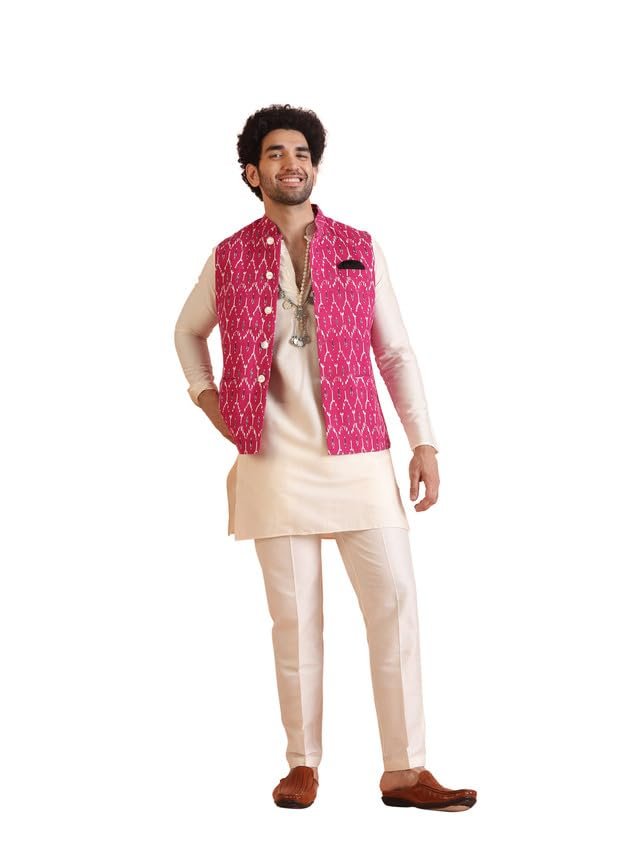 KISAH Men's Kurta Jacket Trouser Set, Pink Cotton Blend, Printed Regular Fit Mandarin Collar Long Sleeves