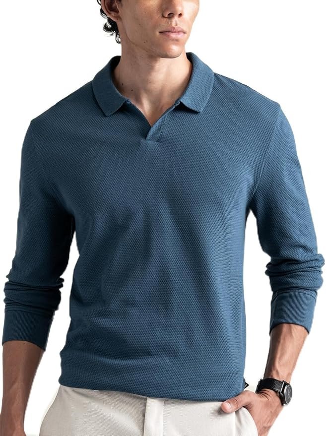 DAMENSCH Statement Popcorn Johnny Collar Full Sleeve Polo with Premium Cotton Blend, Popcorn Texture, Colours by High-IQ Dyes Heavy Weight Fabric T-Shirt for Men