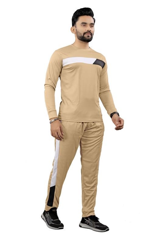 Men’s Lightweight Nylon Tracksuit Set–Long Sleeve-DIAMOND WITH COLOR KHAKHI 14-P2