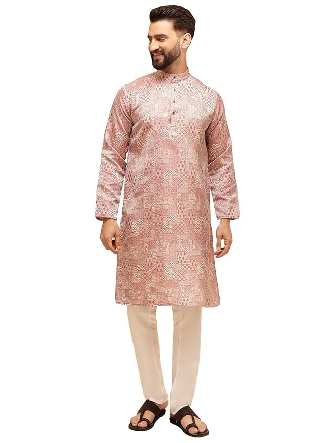 SOJANYA (Since 1958 Men's Jacquard Silk Woven Design Kurta with White Pyjama